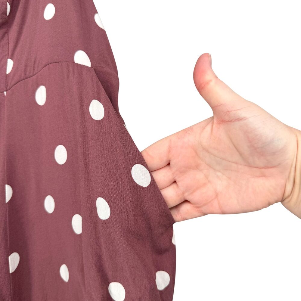 Torrid Midi Challis Dress 2X Brown Polka Dot Button Smocked Sweetheart Pockets - Picture 4 of 12